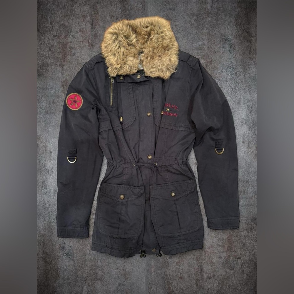 y2k harley davidson military-style faux fur parka jacket.